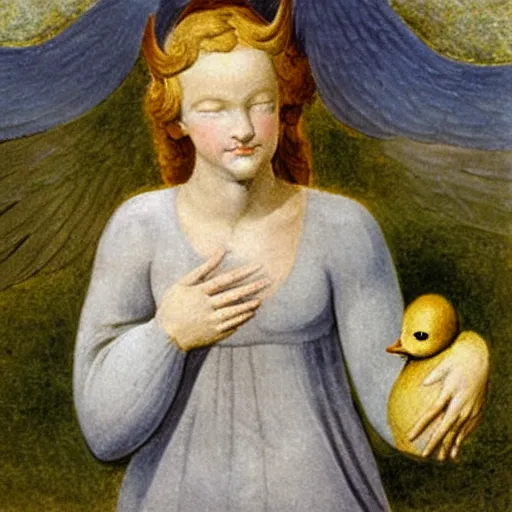 Prompt: biblical angel holding a duck, by jean deville, by william blake, oil on canvas