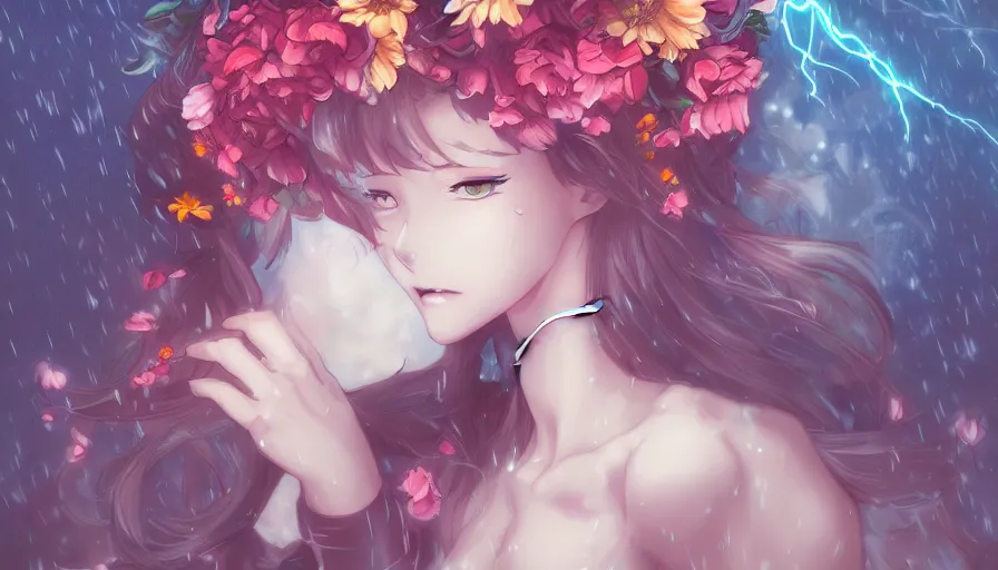 Image similar to anime girl, flowers, rain, lightning, storm, digital painting, illustration by james jean and artgerm and mina petrovic and timothy kong and marina federovna, artstation