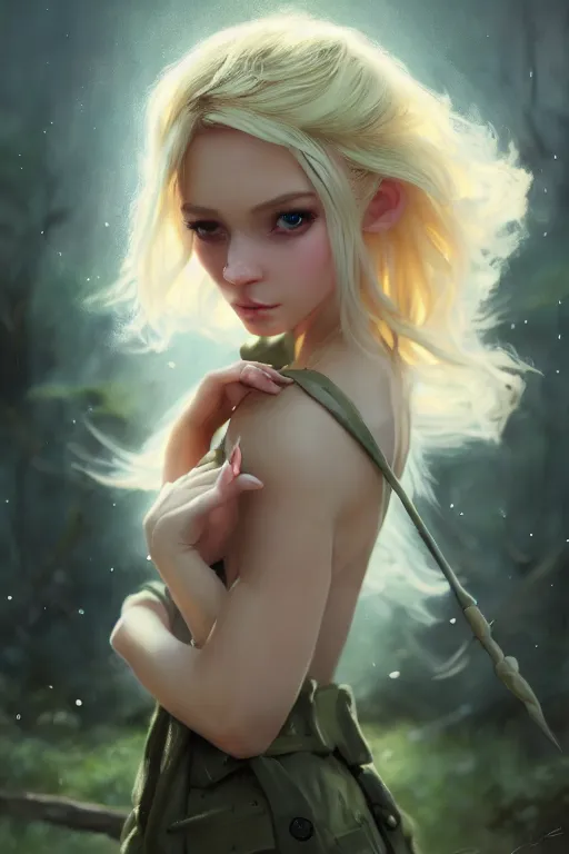 Image similar to cinematic shot of an epic portrait of a cute blonde fairy dressed in military clothes, stylised military clothes, shiny skin, beautiful eyes, beautiful, small details, night setting, realistic poster with volumetric light from craig mallism, artgerm, jeremy lipkin and michael garmash, unreal engine, radiant light, digital art, trends at art station, a masterpiece