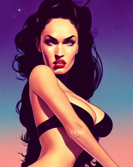 Image similar to low angle closeup beautiful seductive megan fox retro scifi pinup, action glamour pose, windblown dark hair, hyper detailed, digital art, studio lighting, smooth, ambient volumetric lighting, sharp focus, frank miller, wlop, anna dittmann, alphonse mucha, patrick nagle!!, rim lighting, synthwave