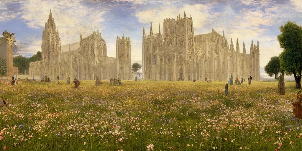 Image similar to a cathedral made of marble within a wildflower meadow at dawn, droste effect, in the style of alma tadema
