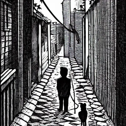 Prompt: a faceless dog walking with a faceless man in a creepy alleyway. junji ito style art