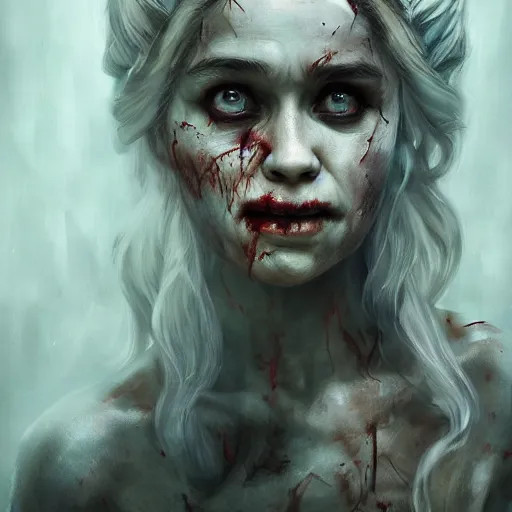 Image similar to a zombie Daenerys, by WLOP, horror, wounds, bloody, dark fantasy, trending on artstation