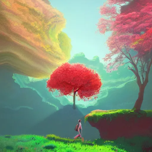 Image similar to giant cherry tree floating overhead, girl walking in a canyon, surreal photography, sunrise, dramatic light, impressionist painting, colorful clouds, digital painting, artstation, simon stalenhag