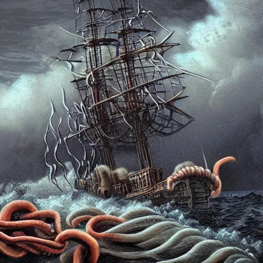 Prompt: a highly detailed hyperrealistic scene of a ship being attacked by giant squid tentacles, jellyfish, squid attack, dark, voluminous clouds, thunder, stormy seas, pirate ship, dark, high contrast