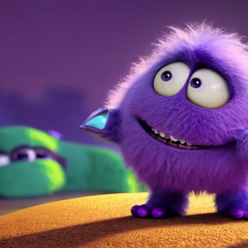 Image similar to a purple fluffy monster, adorable and cute, pixar, octane render, 4k, monster in middle of picture