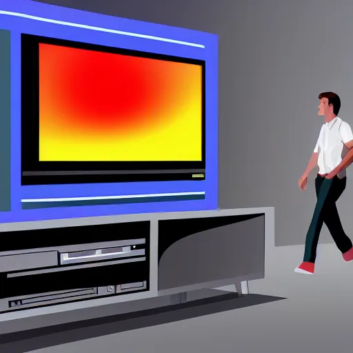 Image similar to a man walking into a television with static on it, detailed digital art