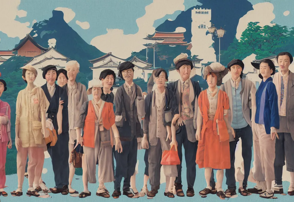 Image similar to full body portrait of a group, a row of a several european tourists standing with a variety of poses and props, several character designs, rural japan, a detailed painting, in the style of wes anderson, lola dupre, david hockney, isolated on negative white space background dark monochrome neon spraypaint accents volumetric octane render