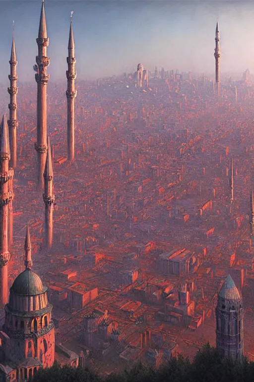 Image similar to skyline of istanbul, cementary scenery, fantasy 3 d render, masterpiece, red aura, by donato giancola and greg rutkowski and wayne barlow and zdzisław beksinski