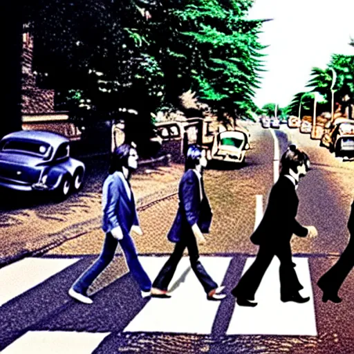 Image similar to mutant beatles crossing abby road