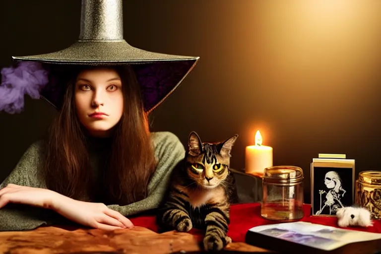 Prompt: close up portrait, dramatic lighting, concentration, calm confident teen witch and her cat, tarot cards displayed on the table in front of her, sage smoke, magic wand, a witch hat and cape, apothecary shelves in the background, alphonse mucha