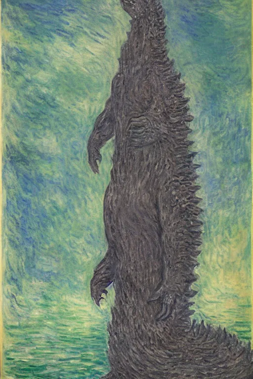 Prompt: shinzo abe with body of Godzilla painting by claude monet