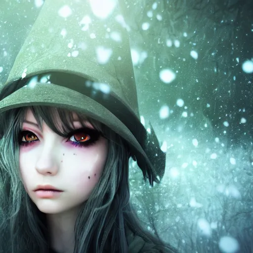 Image similar to focus face portrait of beautiful darkness witch 3D anime girl, dark forest background, snowing, bokeh, inspired by Tim Burton, digital painting, unreal engine render, volumetric light, high détail