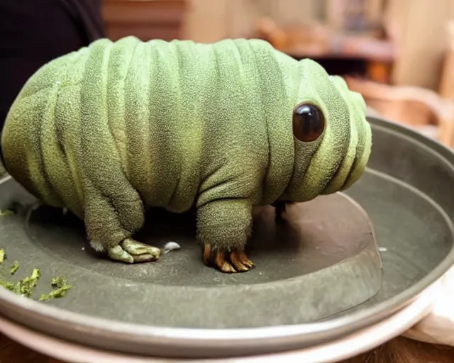 Image similar to big pet tardigrade eating from a food bowl full of moss, cute pet photos, home photography, award - winning pet