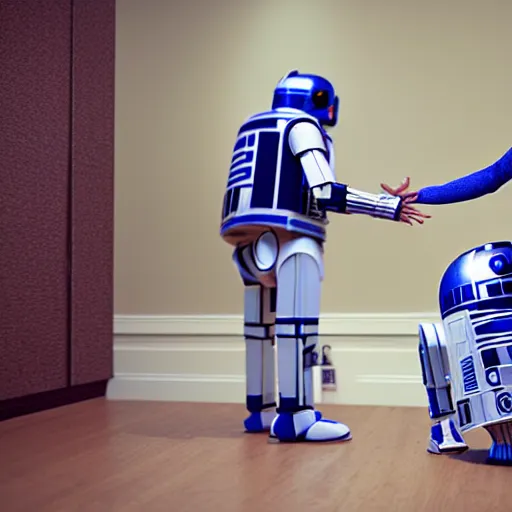 Prompt: eric and r 2 d 2 dancing in a hotel room, very realistic, detailed, octane render