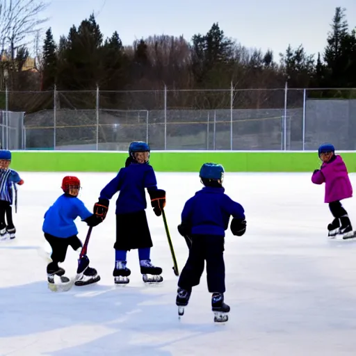 Prompt: a group of kids playing hockey in an outdoor rink