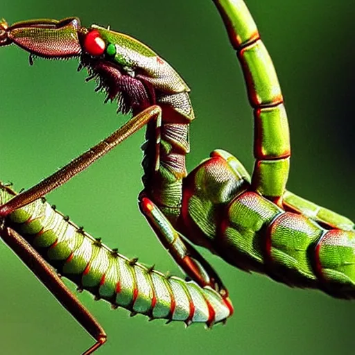 Image similar to centipede and praying mantis morphed together, half praying mantis and half centipede, realistic picture taken at zoo