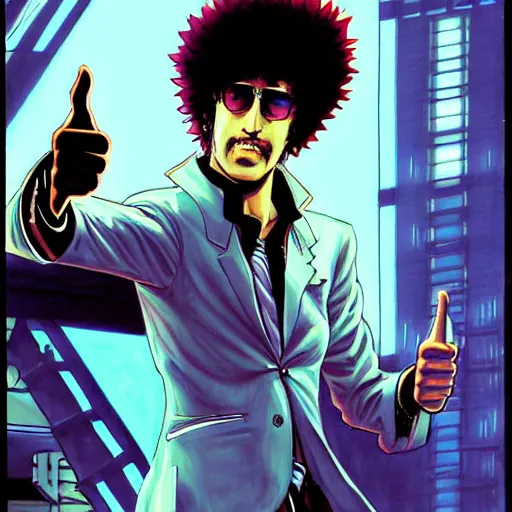 Image similar to a detailed beautiful cyberpunk painting of spike spiegel as a curly-haired persian guy giving a thumbs up by masamune shirow