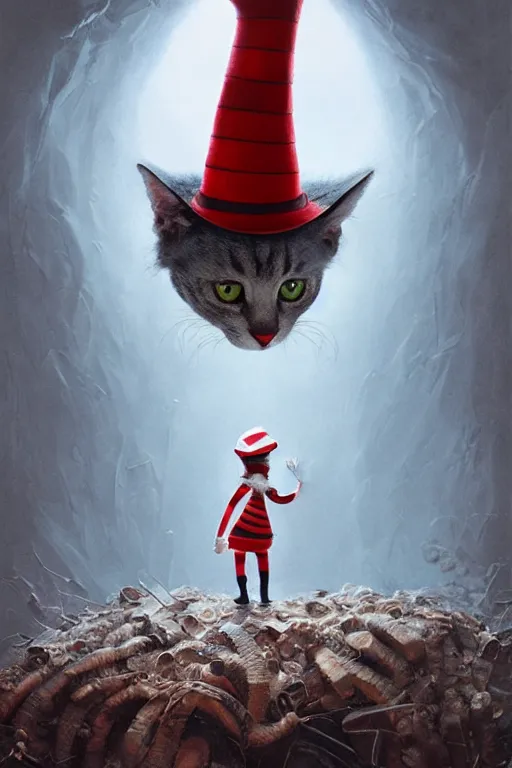 Prompt: complex 3 d render, hyper detailed, ultra sharp of the cat in the hat, scary, cinematic, natural soft light, rim light, art by greg rutkowski and artgerm and dr seuss