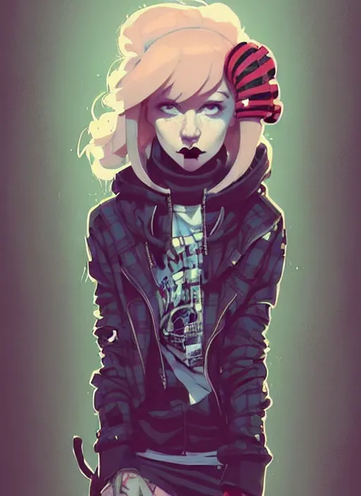 Image similar to highly detailed portrait of a sewer punk lady, tartan hoody, white ringlet hair by atey ghailan, by greg rutkowski, by greg tocchini, by james gilleard, by joe fenton, by kaethe butcher, gradient peach, brown, blonde cream and white color scheme, grunge aesthetic!!! ( ( graffiti tag wall background ) )