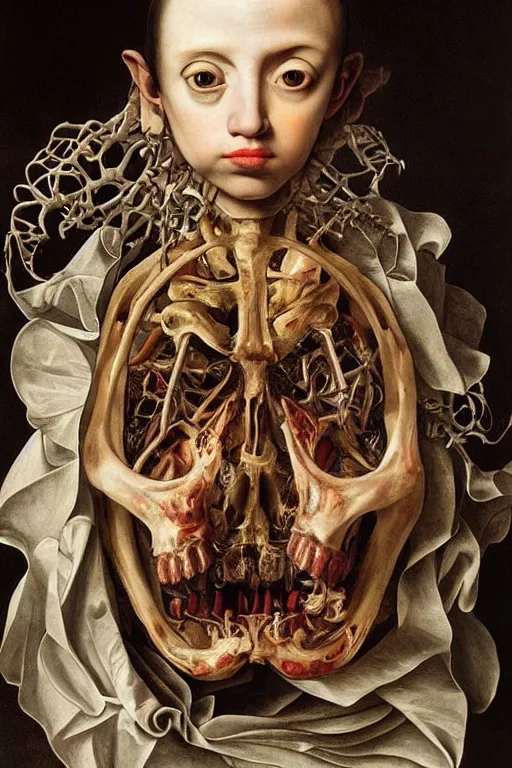 Image similar to Detailed maximalist portrait with large lips and with large, wide eyes, sad expression, extra bones, flesh, HD mixed media, 3D collage, highly detailed and intricate, surreal, illustration in the style of Caravaggio, dark art, baroque