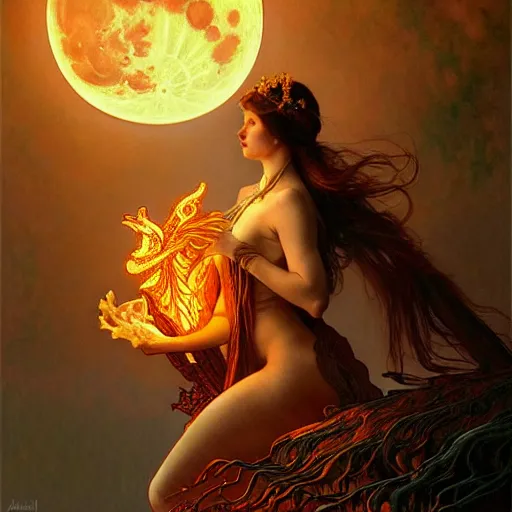 Image similar to full moon on fire, fantasy, intricate, elegant, dramatic lighting, emotionally evoking symbolic metaphor, highly detailed, lifelike, photorealistic, digital painting, artstation, concept art, smooth, sharp focus, illustration, art by John Collier and Krenz Cushart and Artem Demura and Alphonse Mucha and Albert Aublet