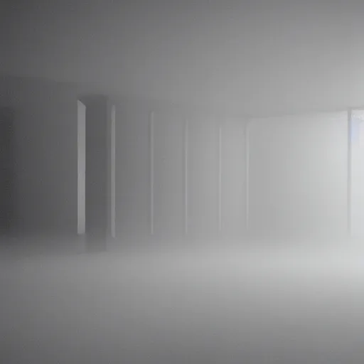 Prompt: impossible geometry floating in a grand hall, film still, foggy