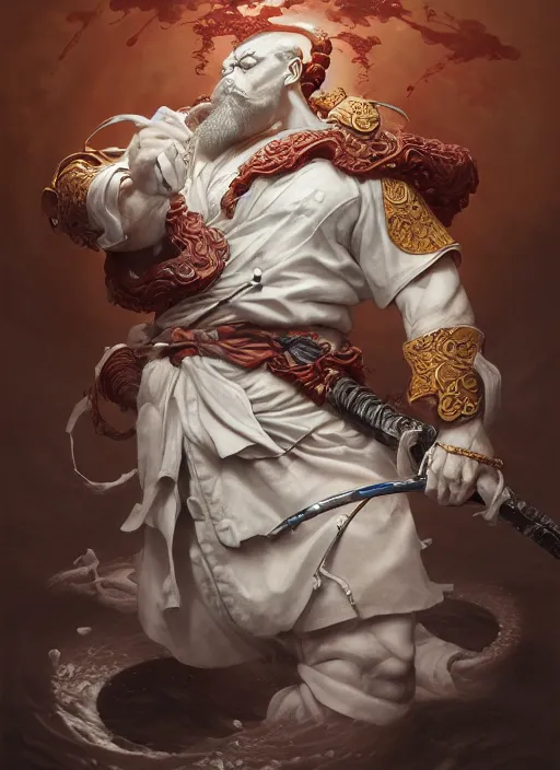 Prompt: subsurface scattering, white, koi, samurai deity with four arms, by jesper ejsing, justin gerard, tomasz alen kopera, cgsociety and fenghua zhong, highly detailed, rim light, cinematic lighting, illustration, art, octane render, very coherent, cinematic, hyper realism, high detail, octane render, 8 k