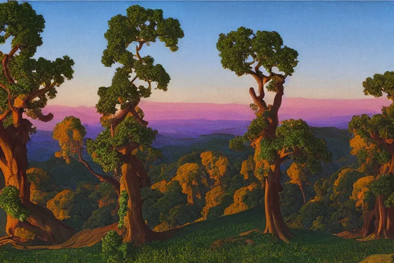 Prompt: masterpiece painting of oak trees along the ridge at dawn, by a. j. casson and john watkiss and edward okun and dan munford and maxfield parrish and kelly freas and j. c. leyendecker and marianne north