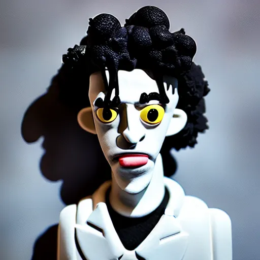 Image similar to a cartoon claymation medium close up sculpture of Playboi Carti, in the style of Tim Burton, black and white, high contrast