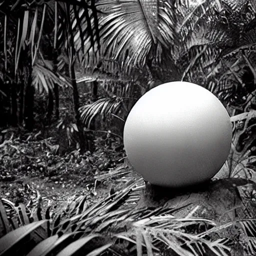 Prompt: a rizom lost film footage of a ( ( ( ( ( sphere ) ) ) ) ) in the middle of the tropical jungle / tribalism / film still / cinematic / enhanced / 1 9 2 0 s / black and white / grain