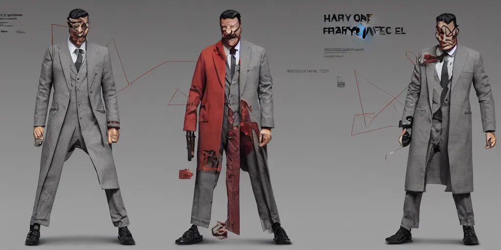 Image similar to harvey fent two faces, character sheet, concept design, contrast, hot toys, kim jung gi, greg rutkowski, zabrocki, karlkka, jayison devadas, trending on artstation, 8 k, ultra wide angle, pincushion lens effect