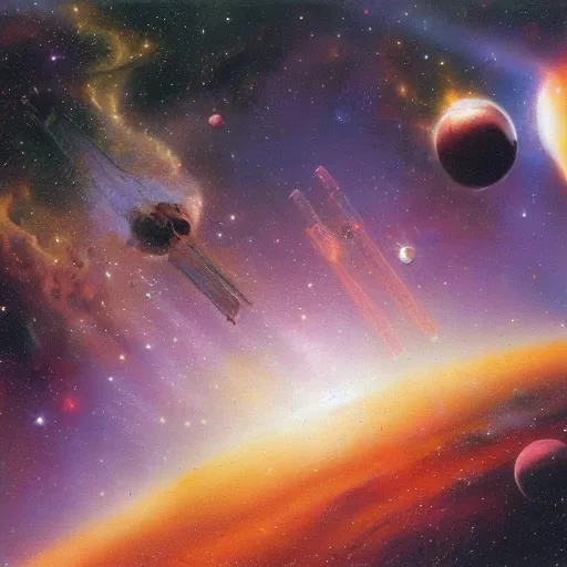 Prompt: space, nebula, planets, spacecraft, john berkey, nasa