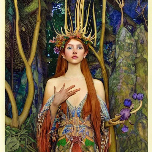 Image similar to queen of the forest wearing an antler crown, by Annie Swynnerton and Nicholas Roerich and (((Donato Giancola))), embroidered robes, floral tattoos, bioluminescent skin!, elaborate costume, geometric ornament, symbolist, soft colors, dramatic lighting, smooth, sharp focus, extremely detailed