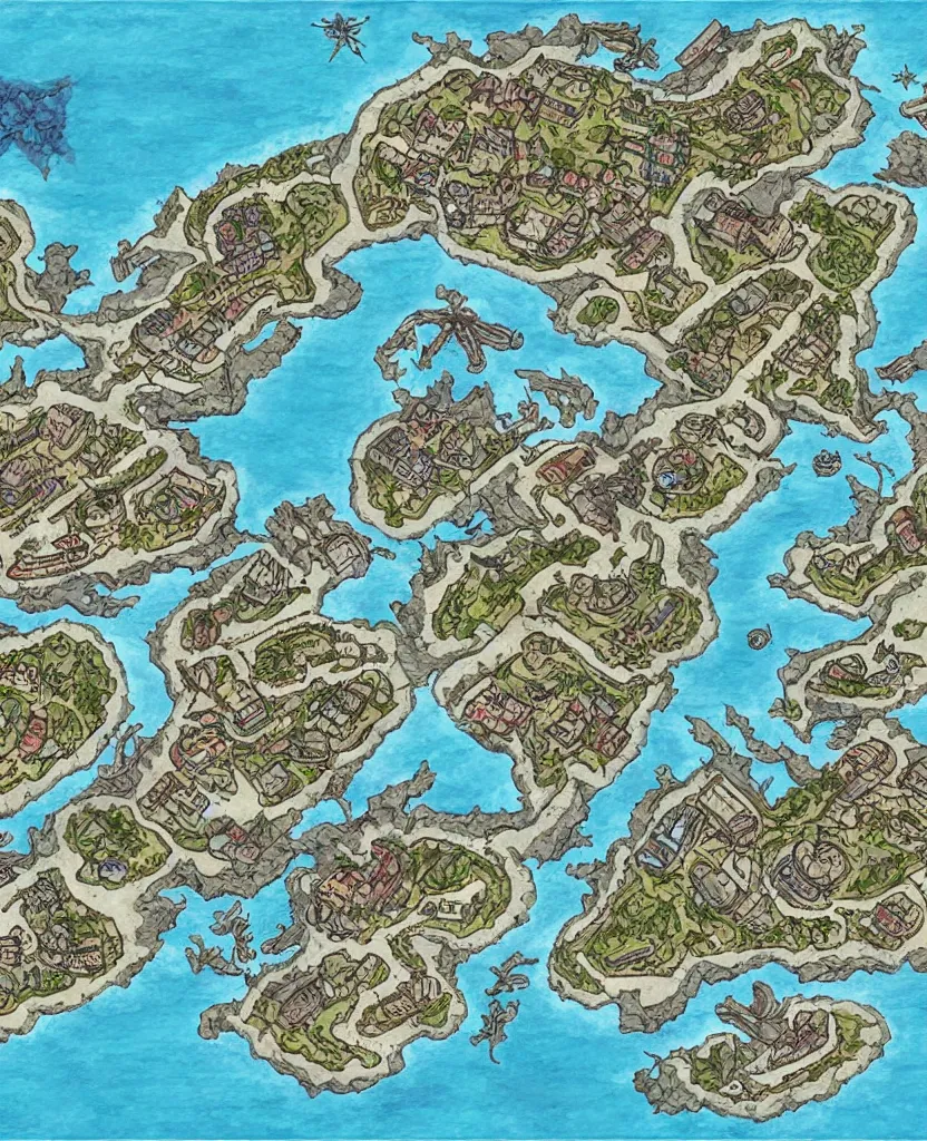 Image similar to dnd shoreline port town and docks with islands, hand painted and drawn map