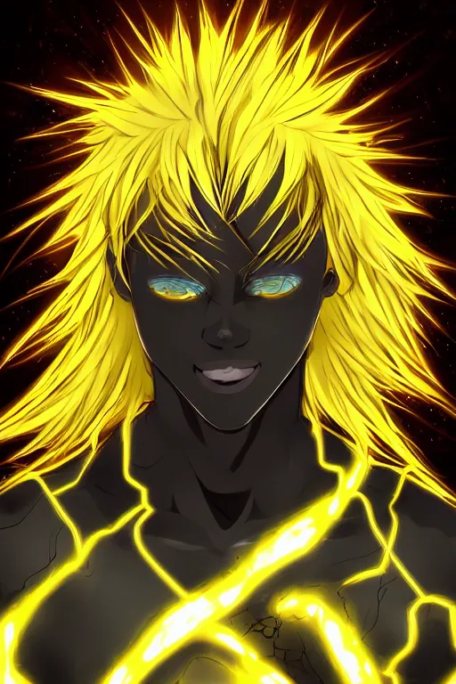 Image similar to glowing black male anime character, golden hair, yellow eyes, symmetrical, highly detailed, digital art, sharp focus, trending on art station, crazy hair, electricity superpowers, anime art style