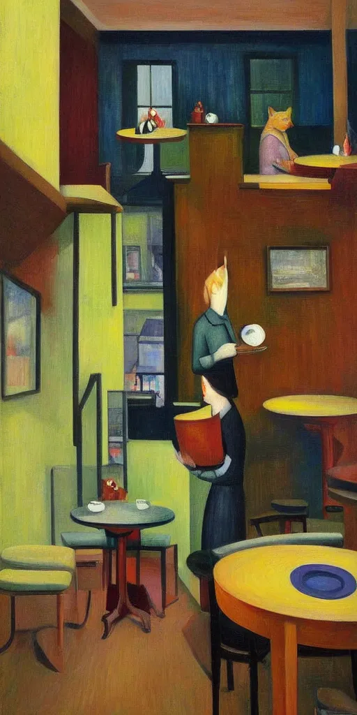 Image similar to cat cafe atrium, grant wood, pj crook, edward hopper, oil on canvas