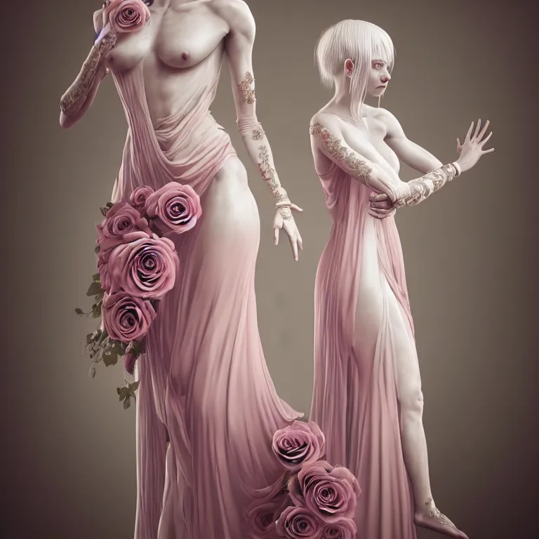 Prompt: neoclassical professional photorealistic closed detailed portrait of a wonderful symmetrical albino goddess dressed with a majestic semi transparent silk pink roses long dress, ornate, intricate, detailed, dramatic light, award winning, octane render, meredit frampton style