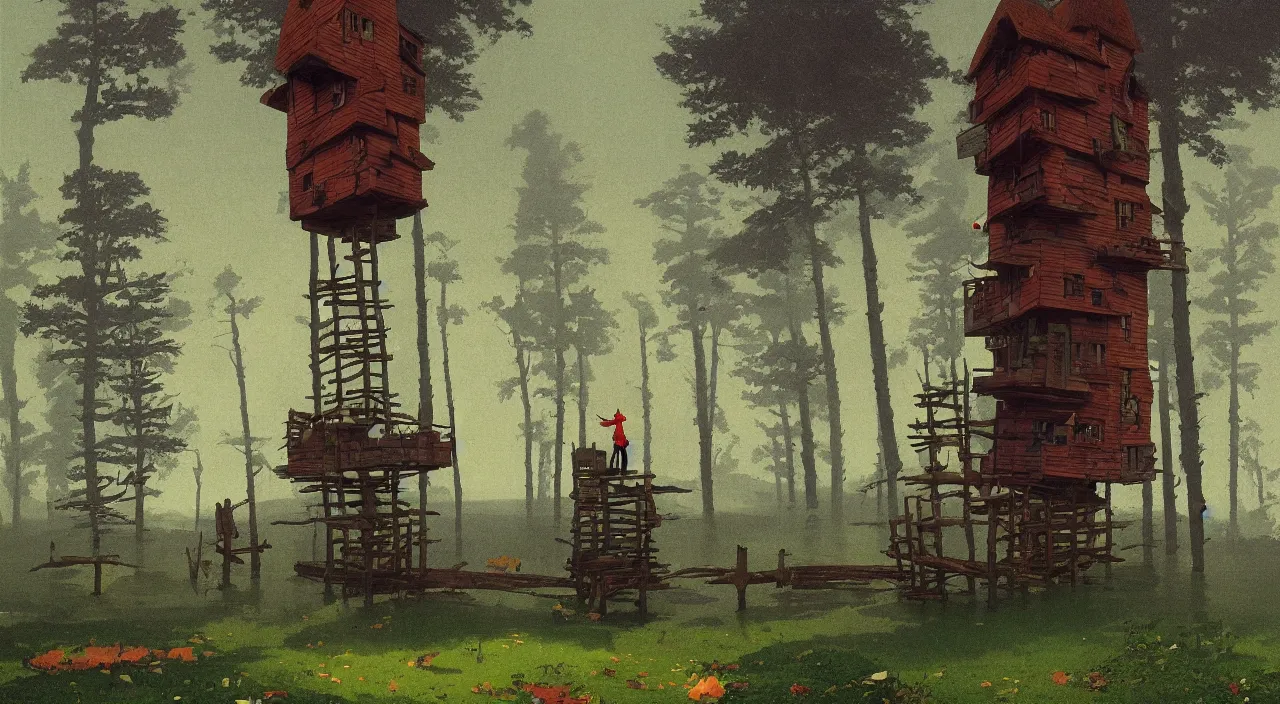 Prompt: single flooded simple wooden moss tower, very coherent and colorful high contrast!! masterpiece by rene magritte simon stalenhag carl spitzweg syd mead norman rockwell edward hopper james gilleard, minimalist, dark shadows, sunny day, hard lighting