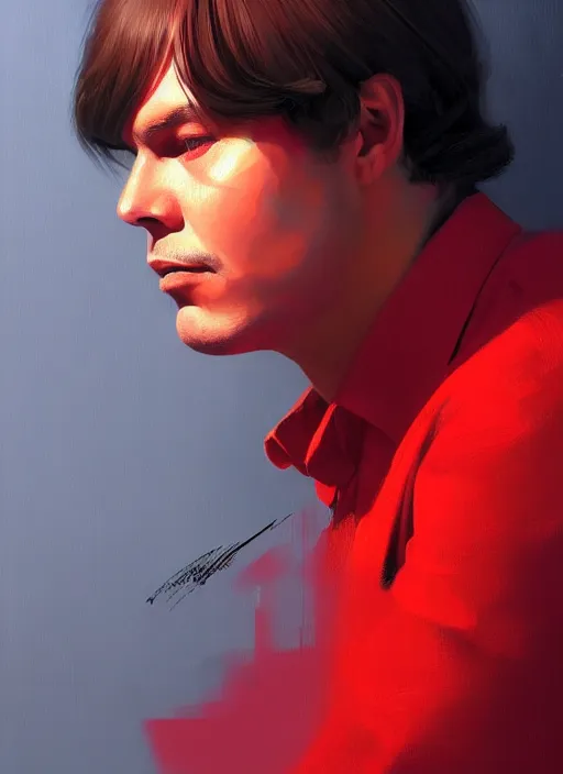 Image similar to portrait of tom jobim with bangs, 1 9 6 0 s, long hair, red clothes, bangs, intricate, elegant, glowing lights, highly detailed, digital painting, artstation, concept art, smooth, sharp focus, illustration, art by wlop, mars ravelo and greg rutkowski