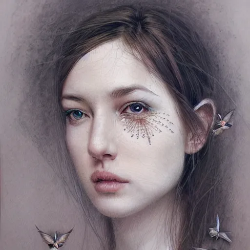 Prompt: an intricate detailed women portrait with birds by marco mazzoni