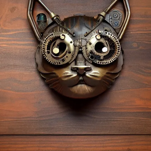 Prompt: steampunk mechanical cat head, bronze, gears, on a wooden table