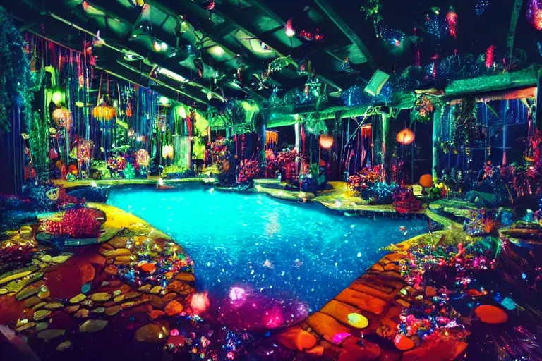 Prompt: realistic photo of pool inside a ornated dark room, lofi, colorful lights, crystals, sparkles, magical botanic, cinematic
