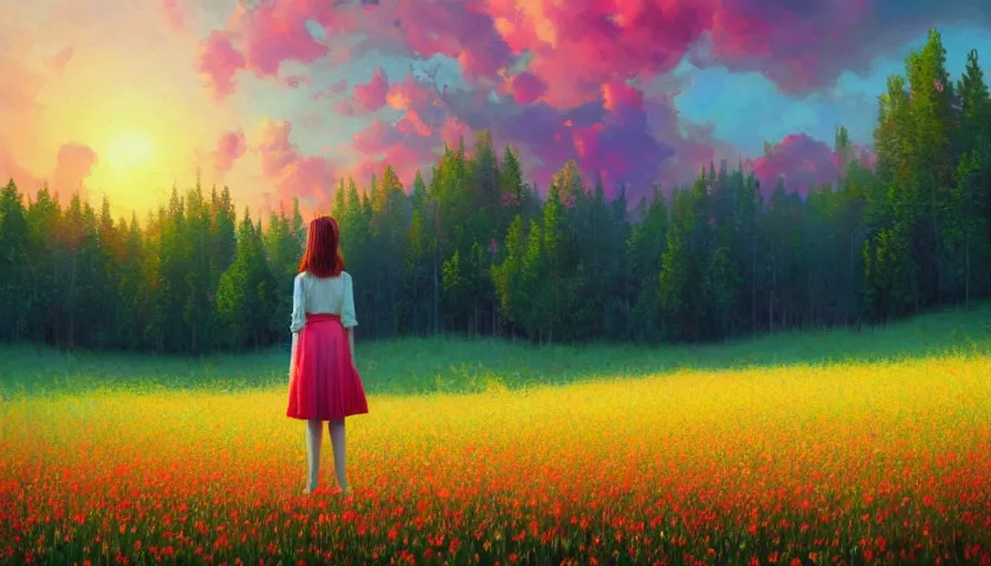 Image similar to girl with an blooming flower face, surreal photography, dream, standing in flower field, hills, big trees, sunrise dramatic light, impressionist painting, colorful clouds, digital painting, pointillism, artstation, simon stalenhag