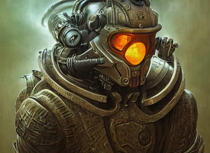 Prompt: mf doom with reptile eyes, fallout power armor exploding into fractals, intricate, elegant, highly detailed, centered, digital painting, artstation, concept art, smooth, sharp focus, illustration, artgerm, tomasz alen kopera, peter mohrbacher, donato giancola, joseph christian leyendecker, wlop, frank frazetta