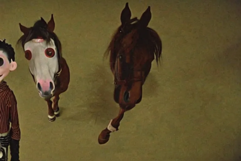 Prompt: a film still of horse in 2009 film Coraline, high quality, Francis Bacon, Egon Schiele n- 6