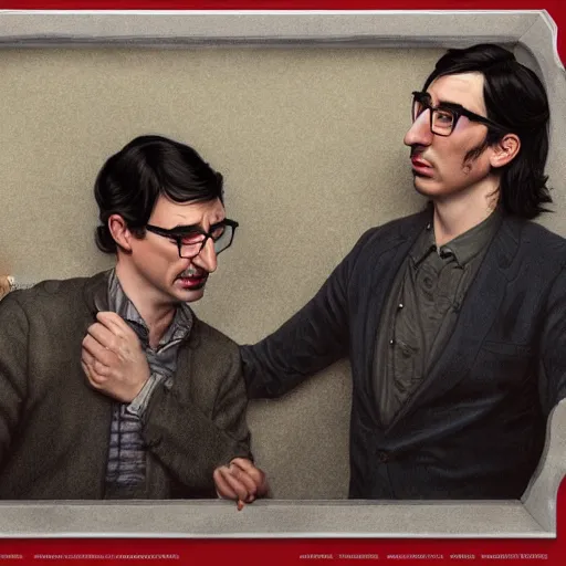 Image similar to photo booth, john oliver with adam driver, john oliver, adam driver, john oliver, stylized, centered, dark, smokey, fantasy, intricate, highly detailed, digital painting, deviant art, art by artgerm, art by greg rutkowski, art by alphonse mucha