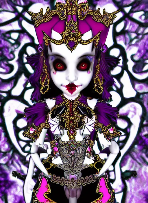 Image similar to baroque bedazzled gothic royalty frames surrounding a pixelsort emo demonic horrorcore japanese jester harlequin doll, low quality sharpened graphics, remastered chromatic aberration