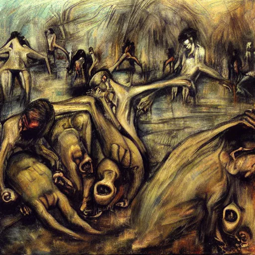 Prompt: a painting of a group of people in the water, a surrealist painting by william dobell, deviantart, neo - expressionism, apocalypse art, surrealist, grotesque