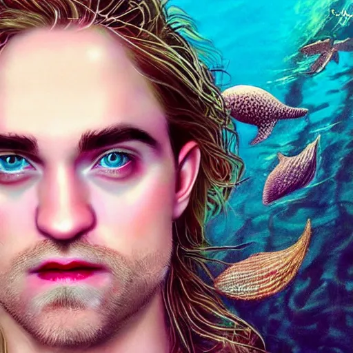 Image similar to “ robert pattison portrait, fantasy, mermaid, hyperrealistic, highly detailed, cinematic lighting, pearls, glowing hair, shells, gills, crown, water, highlights, starfish, jewelry, realistic, digital art, pastel, magic, fiction, ocean, game, king, colorful hair, sparkly eyes, fish, romantic, god, waves, bubbles ”